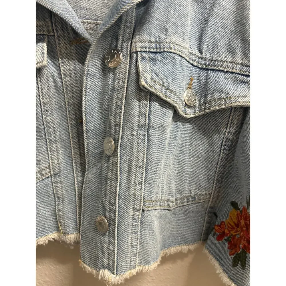 BDG urban outfitters cropped denim jacket floral embroidery jean jacket raw hem - Picture 8 of 12